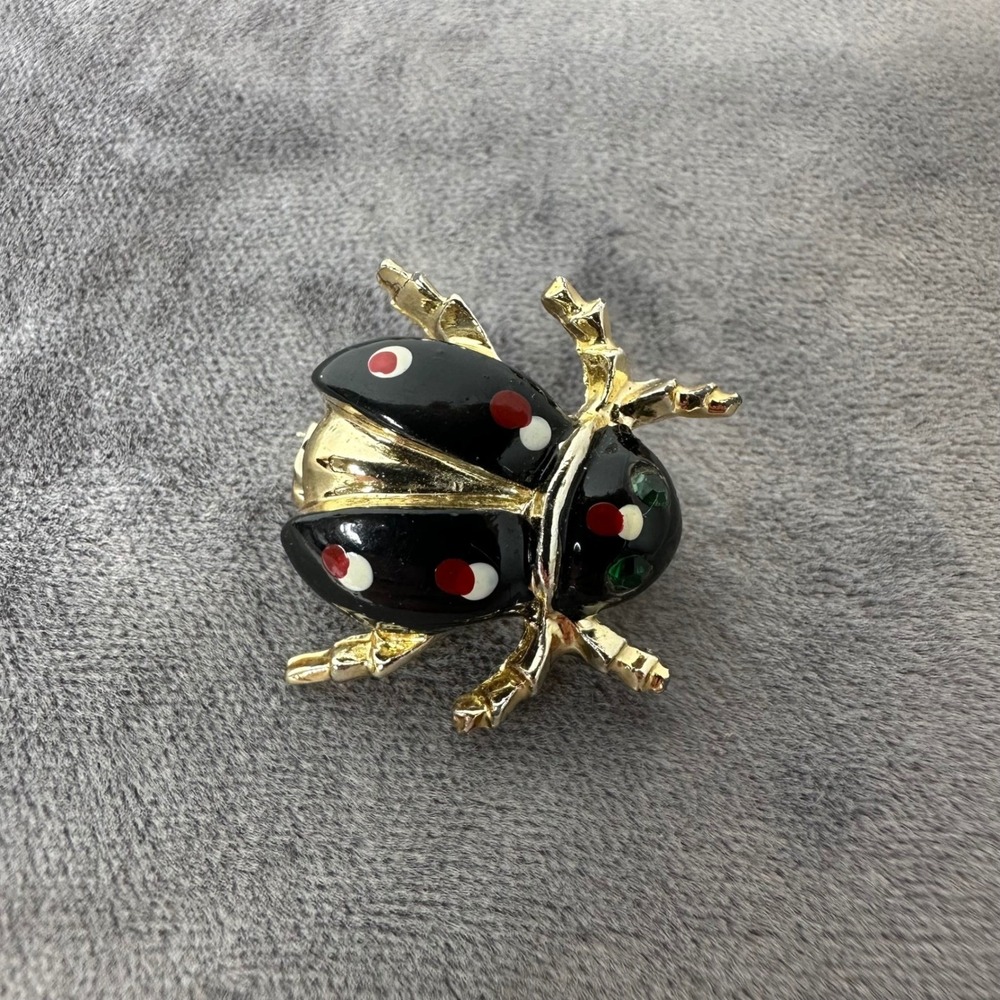 Ladybug Beetle Brooch‎ Black Enamel Red Polka Dot Green Eyes Gold Tone Vintage